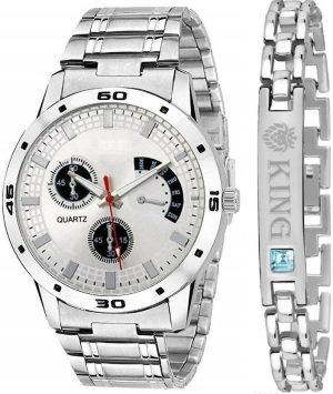 Analog Watch  - For Men New Stylish Combo Of Silver Aveo Dial Stainless Steel Watch and King Bracelet