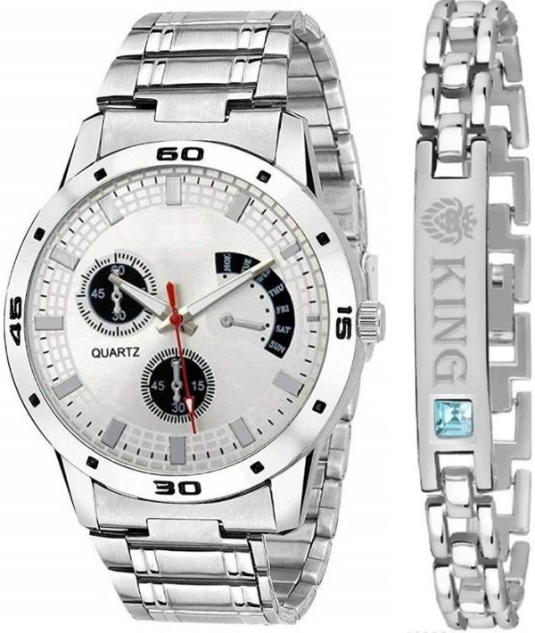 Analog Watch  - For Men New Stylish Combo Of Silver Aveo Dial Stainless Steel Watch and King Bracelet