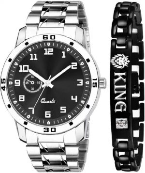 Unique Formal Look Black Dial Watch and King Diamond Bracelet Combo For Men Analog Watch  - For Boys SW-BRC-695